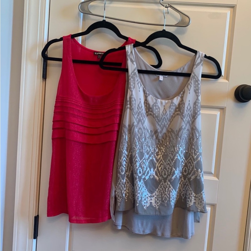 Express Embellished Sequin Glitter Crepe Barbie Pink Lined PinTuck Tank Blouses